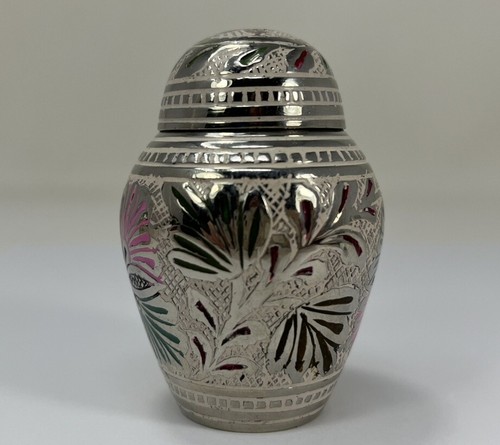 Gitter Blumen Andenken Mini Metall Urne für Haustier Asche Silber Weiß Rosa - Bild 2 von 9
