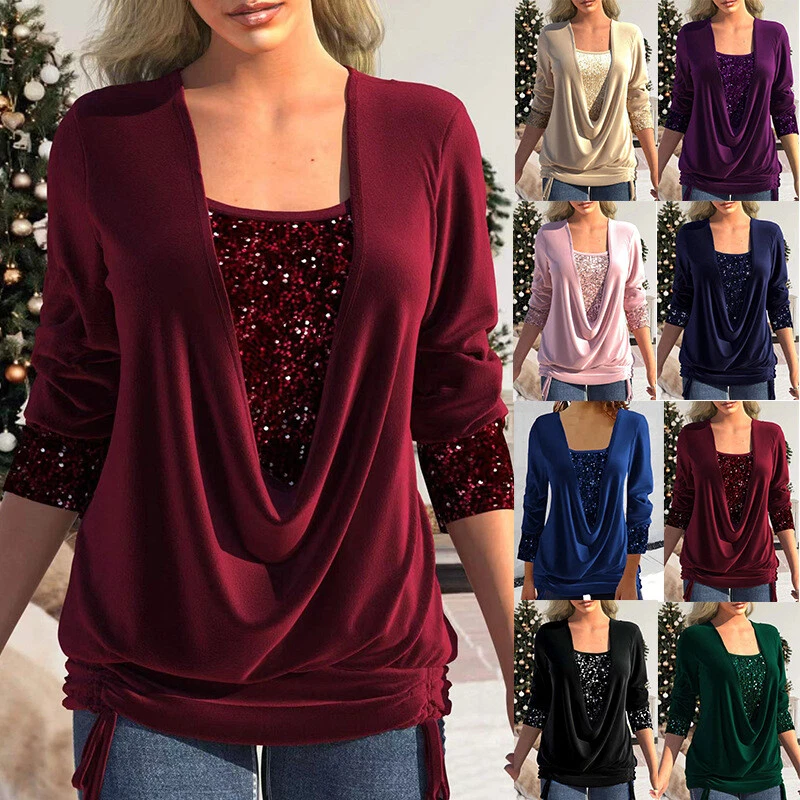 Womens Summer Tunic Tops Ladies Long Sleeve Sequins Shirts Blouse