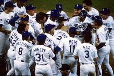 Kirk Gibson Los Angeles Dodgers celebrates with teammates aft Baseball '88 Photo