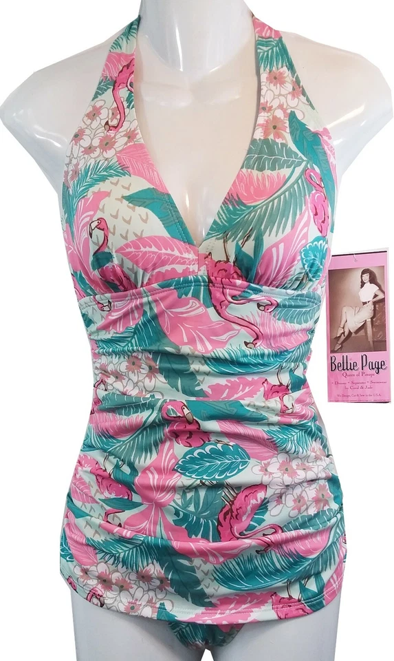 BETTIE PAGE PINK FLAMINGO Swimsuit Ruched pinup TROPICAL v-NECK  SIZE 4 NEW - Image 3 of 4