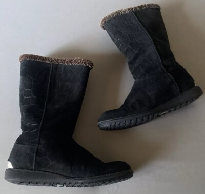 Stuart Weitzman Women s Sz 9.5 Black Animal Print Shearling Suede Mid-Calf Boots