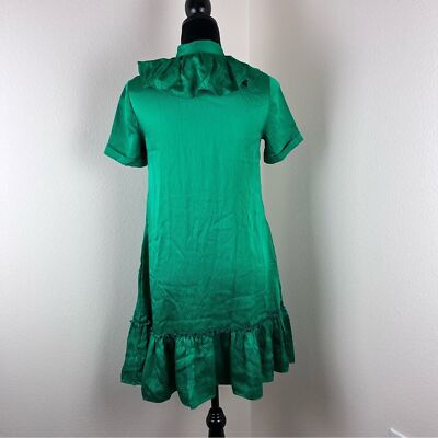 DKNY Dress Womens Zero Silk Satin Ruffles Neck Tie Party Mini Green