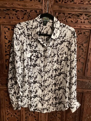 2OH Threads 100% Silk long sleeve Black & White Button-Up blouse top Sz M