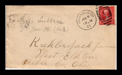 DR JIM STAMPS US COVER HOLLAND MICHIGAN 1901 BACKSTAMP MIDDLETOWN OHIO