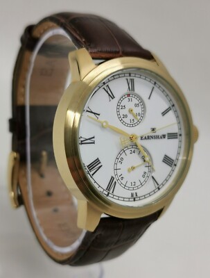 Vintage Thomas Earnshaw Cornwall Herren-Quarz-Armbanduhr 24 Stunden Datum goldfarben 41 mm