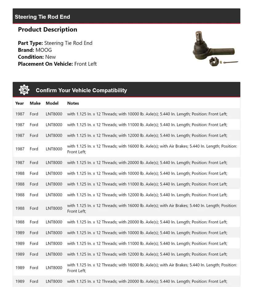 Barra de dirección delantera izquierda MOOG 1987-1989 FORD LNT8000 1987 1988 1989 Foto 2 de 4