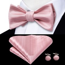 Mens Bowtie Selftied Pink Solid Bow Tie Set Wedding Event Hankie Cufflinks