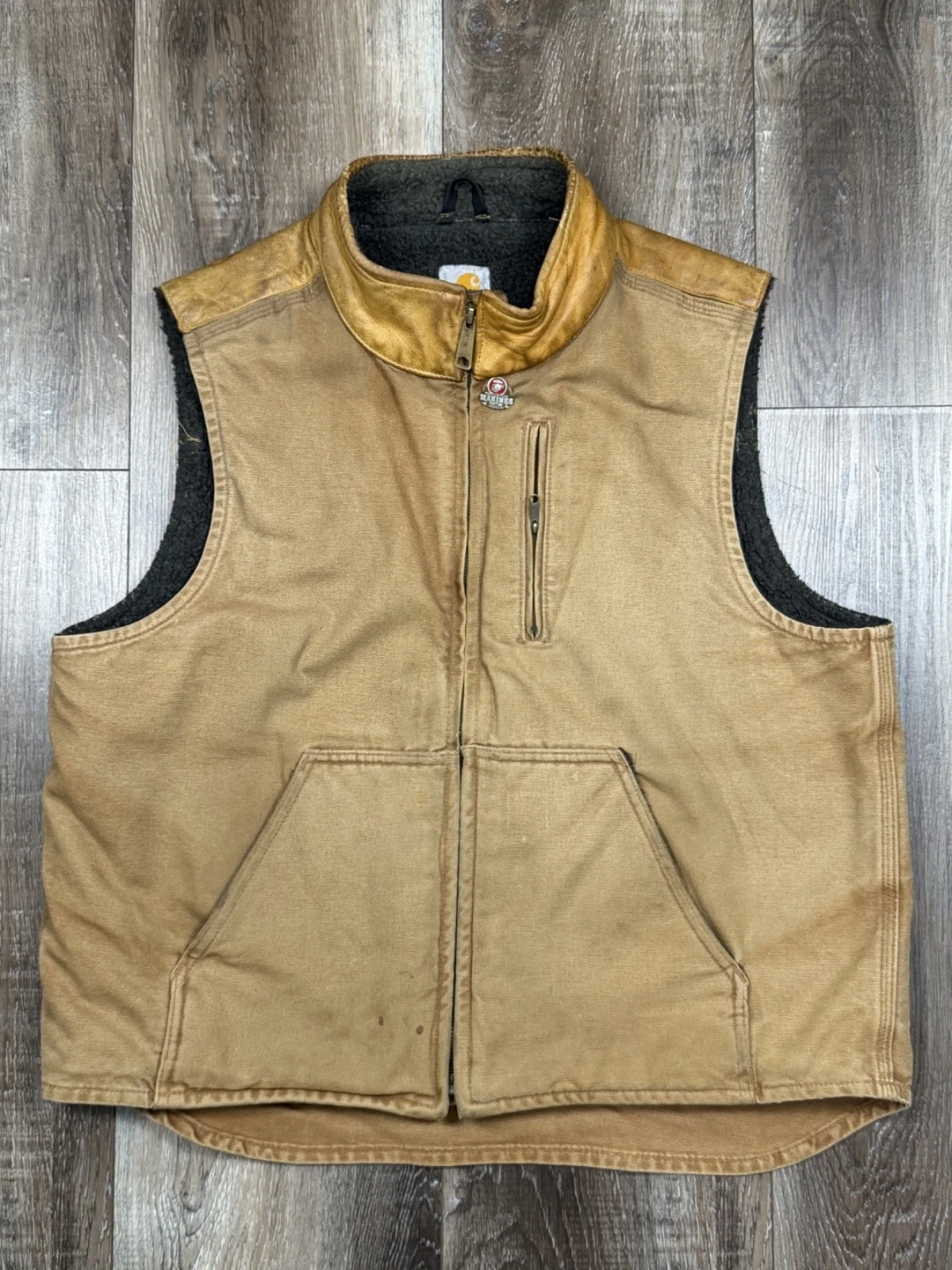 Carhartt Washed Duck Vest Size Large Mock Neck Sherpa Lined Distressed Wear USMC