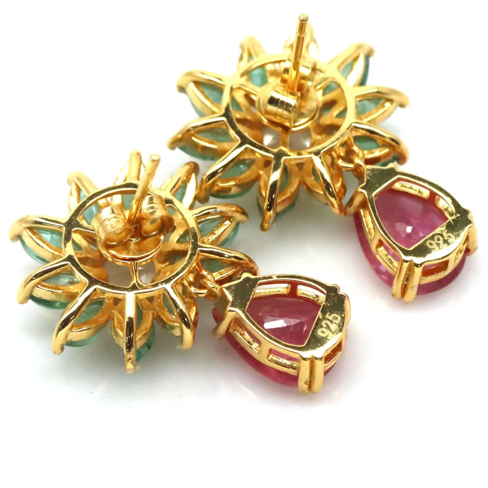 Thailändische Handgemachte 8 X 10 Mm. Rosa Rubin, Topas & Smaragd Ohrringe - Bild 3 von 4