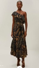 Farm Rio Black Golden Foliage One-Shoulder Maxi Dress NWT