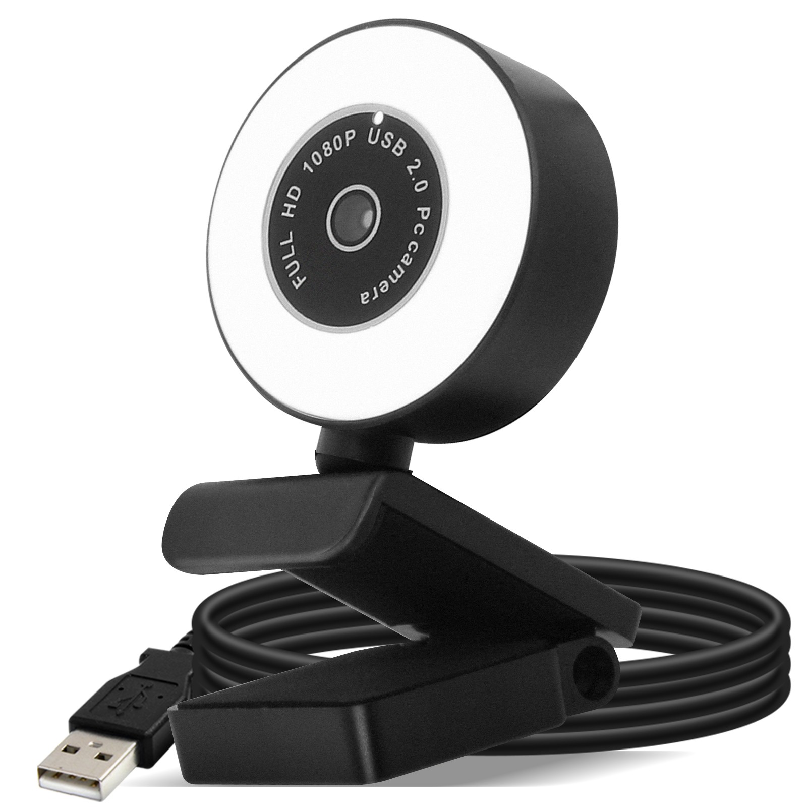 Webcam 1080p Full HD avec éclairage annulaire tactile et micro antibruit USB noir