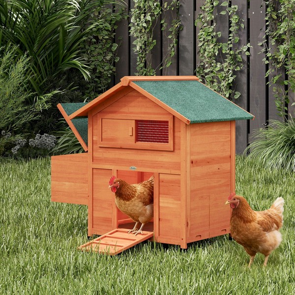 Pawhut HüHnerstall 113,5X67,5X95,5 Cm HüHnerhaus Aus Holz Mit Nistkasten Orange-image