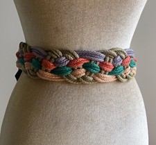 70s Rainbow Braided Belt Woven Waist Cinch Boho Macrame Cottagecore Color Block