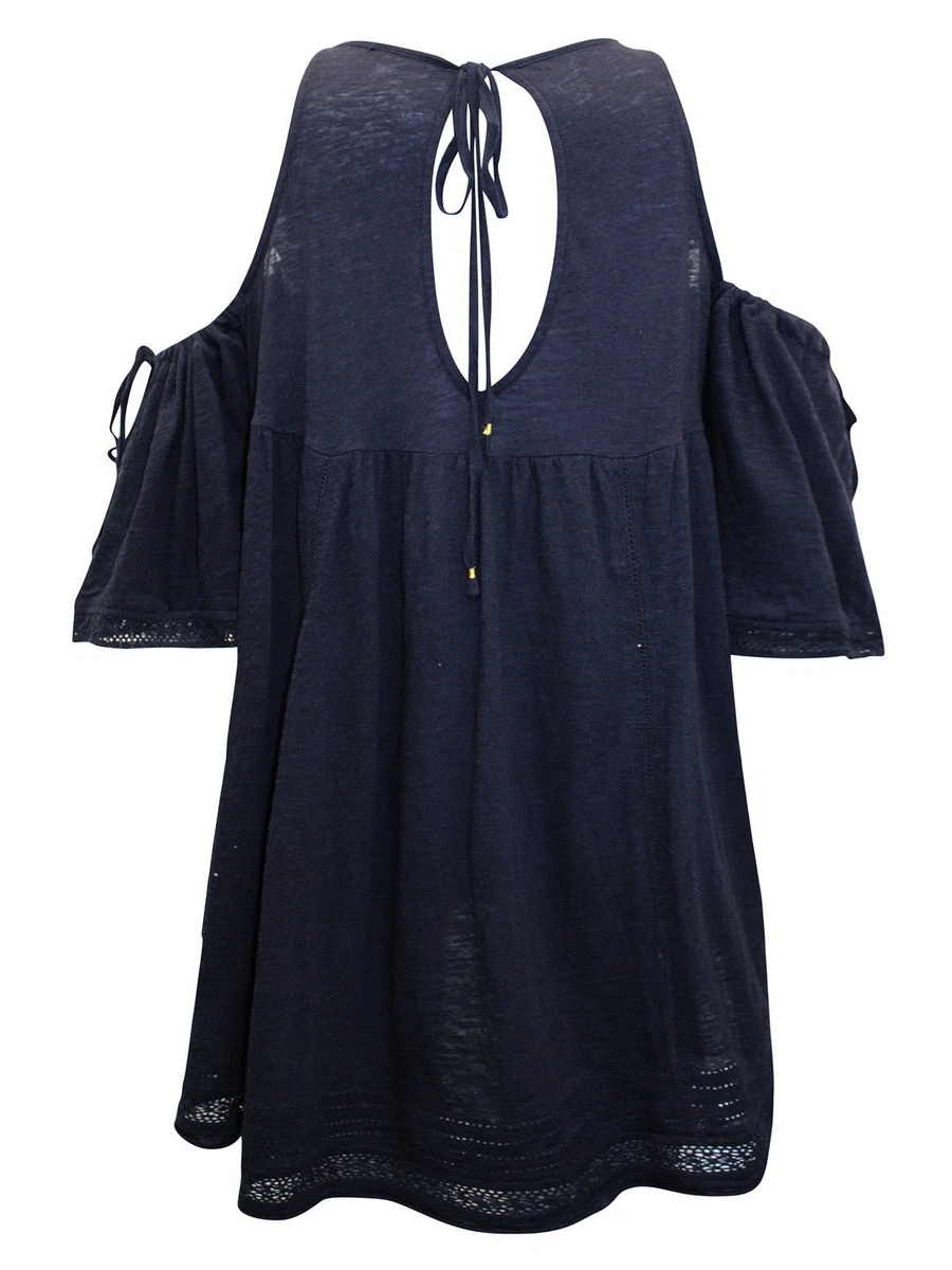 NWOT Free People Navy Blue Pure Cotton Embroidered Cold Shoulder Top Boho Hippie
