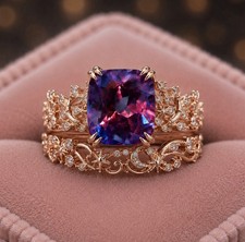 Natural Alexandrite Bridal Ring Set Celestial Vine Wedding Band 18K Rose Gold