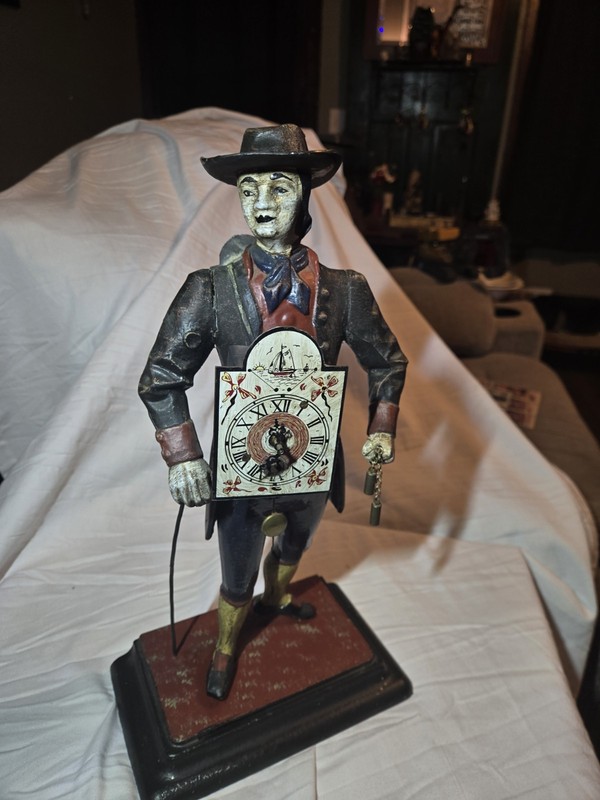 Antique Cast Iron Painted Figural Clock Maker Clock Stautue W/Movement And Key