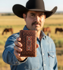 Ranger Belt Co HFW-080T Beaded Southwest Brown Leather Tri-Fold Wallet