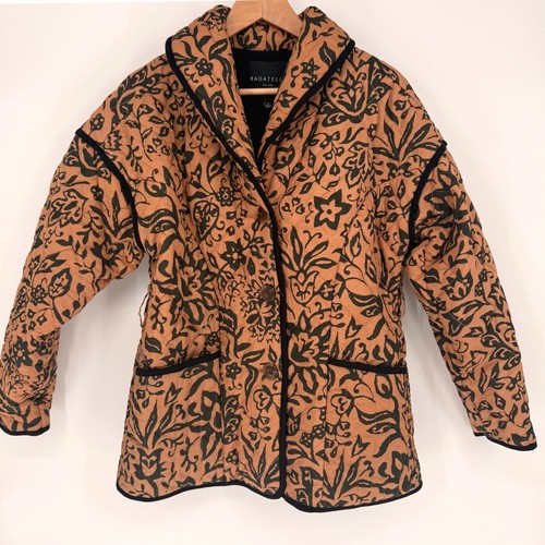 Quilted Floral Boho Block Print Jacket Camel Black Smalll Scandi Shawl Collar