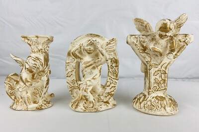 Vintage Christmas JOY Candle Taper Holder Figurines Plaster Antiqued Gold White 