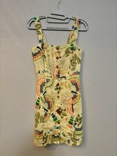 Farm Rio Linen Bird Dress 100% Linen Yellow Mini Dress With Birds Sz XS
