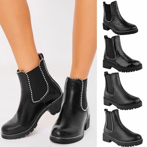 Womens Black Stud Chelsea Ankle Boots 