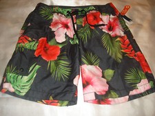 Old Navy Men's Swim Board Shorts ,Elastic waist Plaid, Hibiscus UPF 40