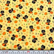 Halloween Cats Trick or Treat Stars on Yellow Cotton Fabric by the HALF YARD