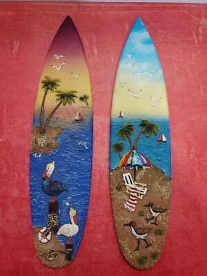  Surfboard Art, 2 wall mount 3D, 10.5'' x 2.5'', beach scene