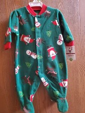 NWT Size 3M Carter's green fleece Christmas sleeper Reindeer Santa Snowman Tree