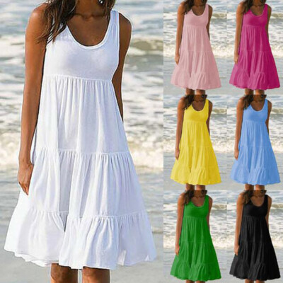 Womens Summer Smock Dress Ladies Holiday Beach Casual Loose Frill Sundress  | eBay