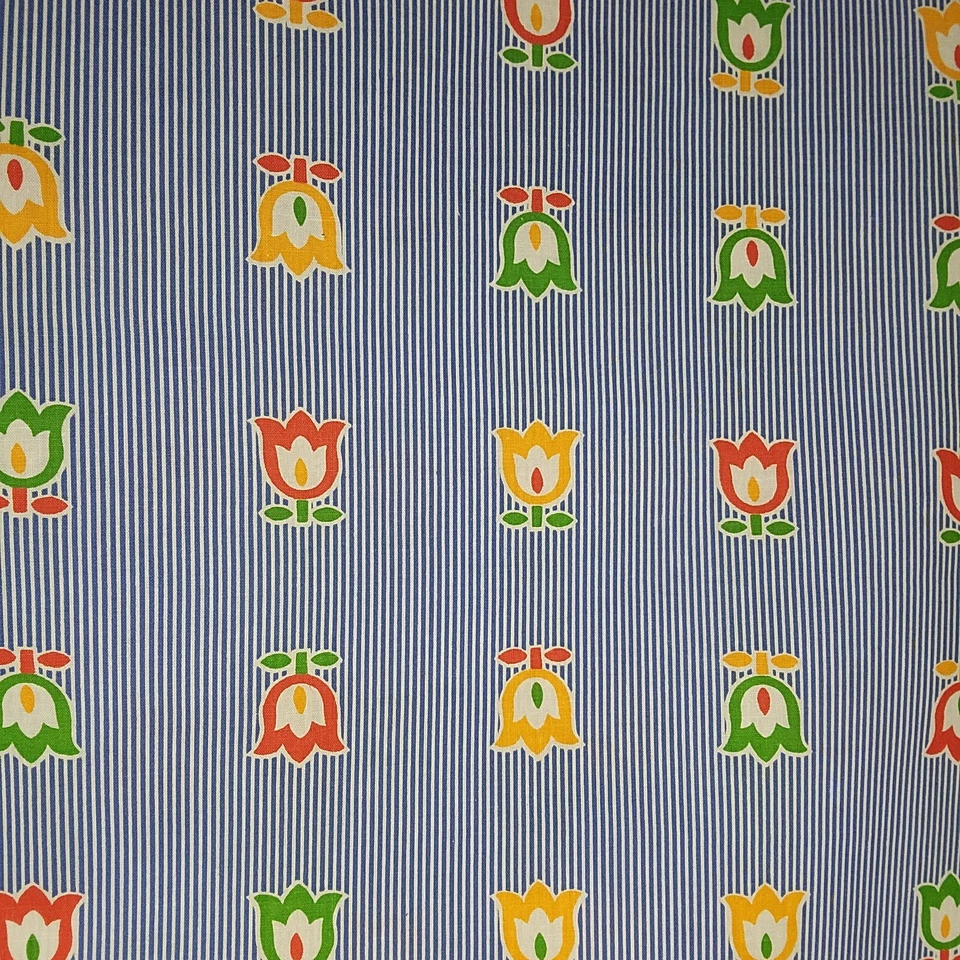 Green, Yellow, Red Tulips on Blue Pinstripe Concord Fabrics 41" x 44" + Scraps - Image 2 of 3