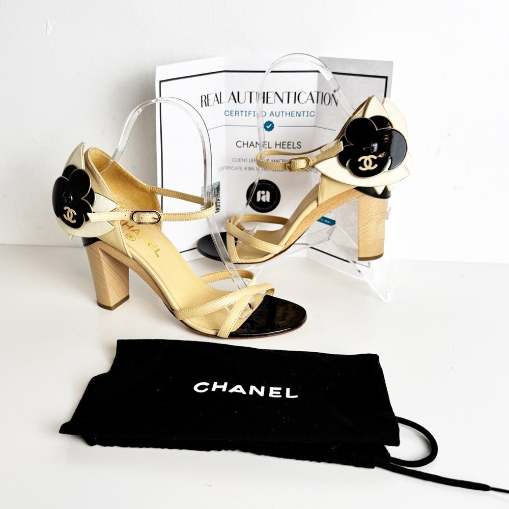 Chanel bi-color strappy camellia wing heels size 38 | eBay