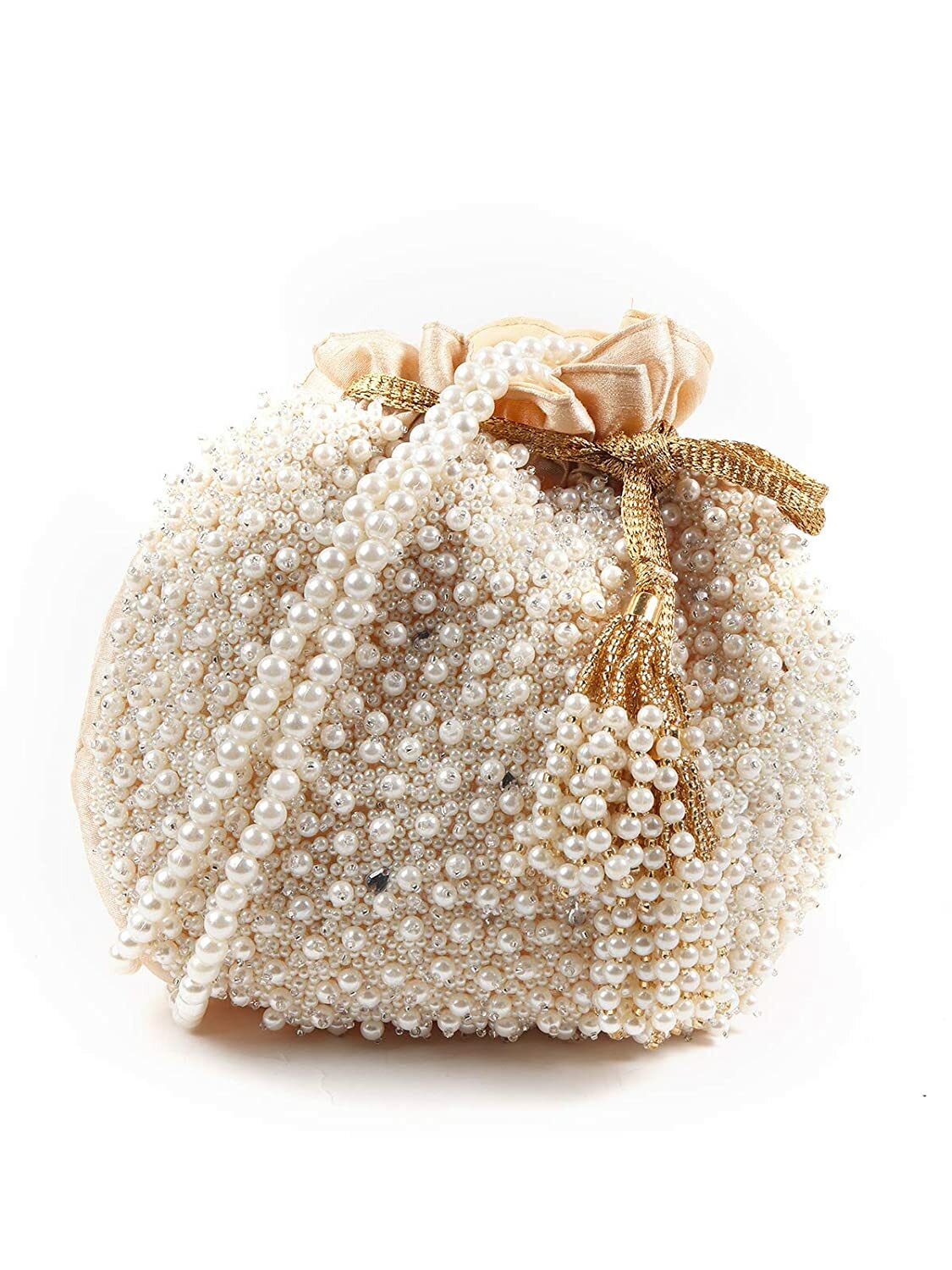Bolso Potli De Perlas Beige Hecho A Mano Para Mujeres, Fiesta, Boda