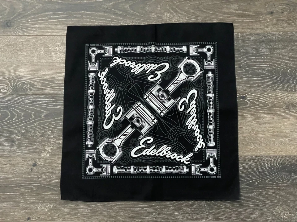 Edelbrock Bandana Face Mask, Black with Cams and Pistons Design - Image 2 of 2