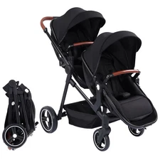 Black Foldable Double Stroller Track Tandem Stroller for Infants and Toddlers