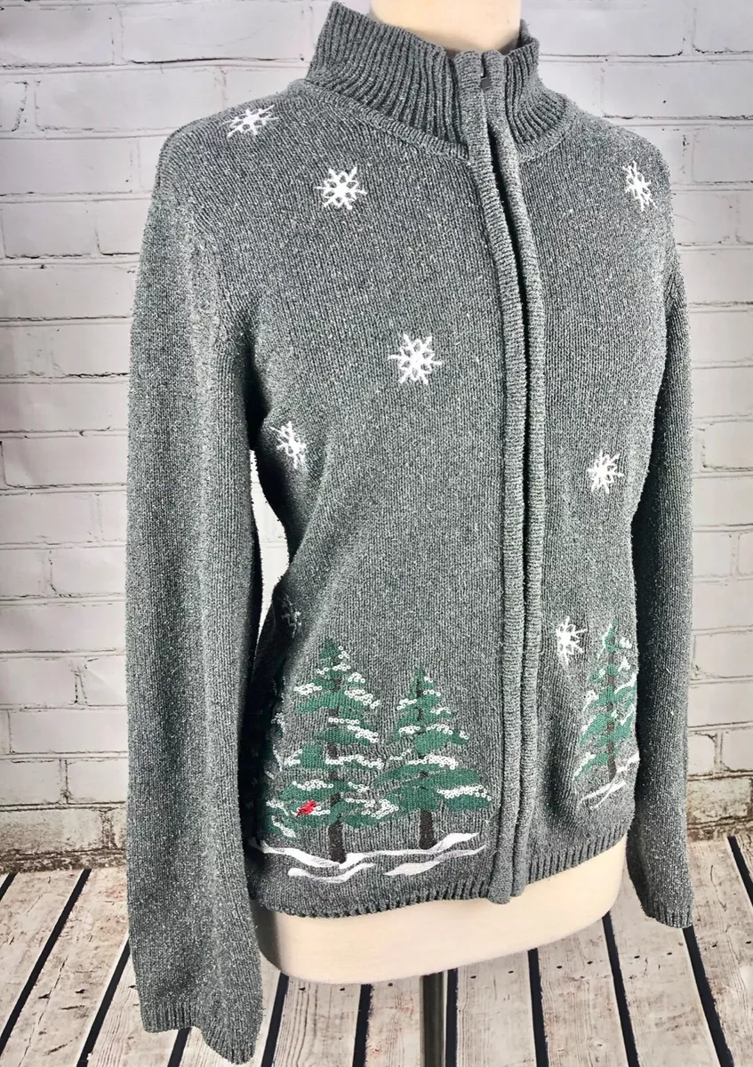 WINTERSILKS Full Zip Sweater Cardigan Jacket Women s XL Gray Winter Snowflakes
