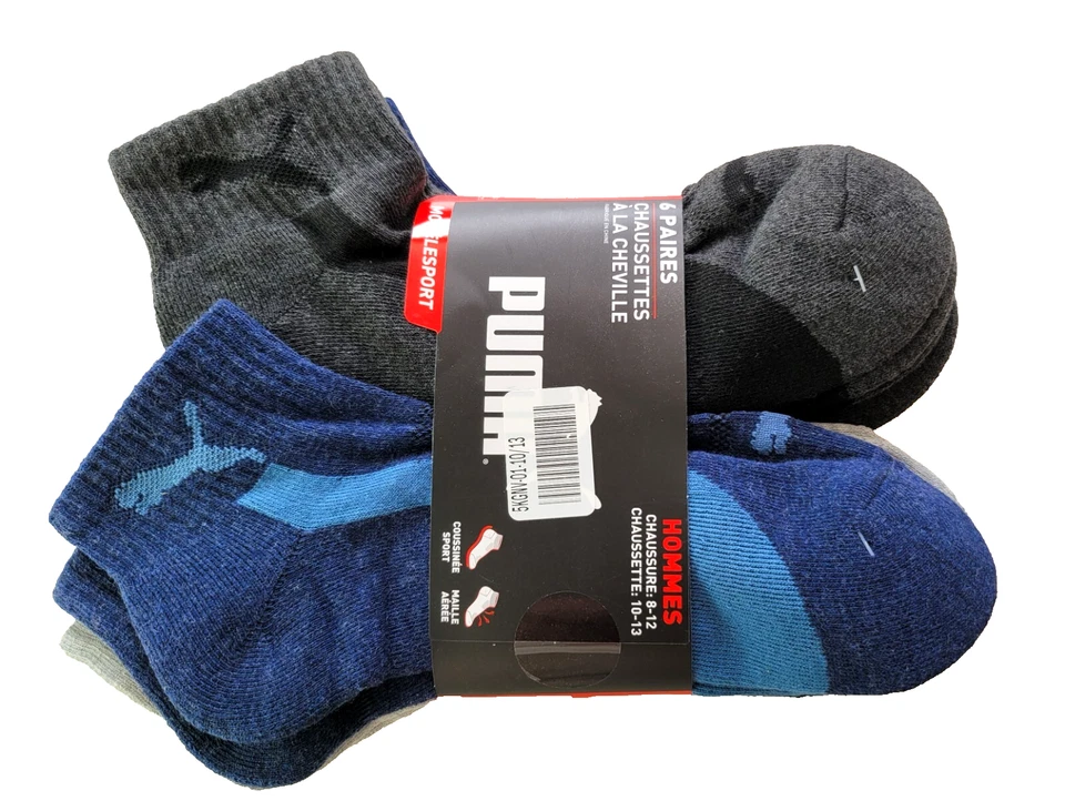 Meias masculinas Puma Quarter Crew pacote com 6 L azul preto cinza meia almofada esportiva felpuda - Imagem 2 de 4