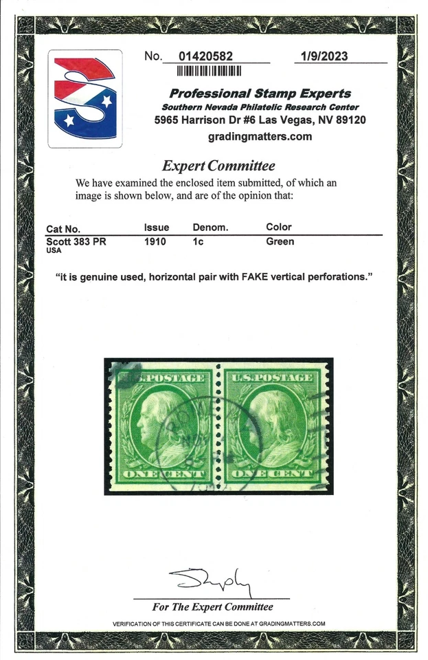 B&D: 1910 U.S. Scott 383 pair used w/perfs added (w/PSE CERT)-reference piece - Image 3 of 3