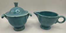 Vintage FIESTA Original Turquoise Covered Sugar Bowl and Creamer Set