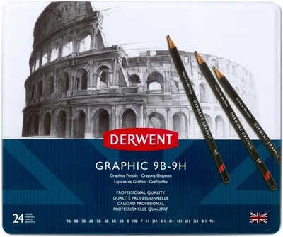 Derwent Graphic Sketching Pencils All Grades Shades 24 Ct. in Tin 9B-9H Sketch