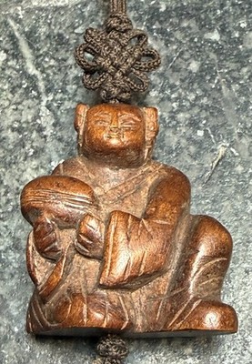 Vintage Japan Carved Boxwood Monk or Scholar NETSUKE on Silk Cord