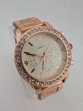 Women's Quartz Watch 39mm Rose Gold Case 7.5" Band Crystal Bezel- New Battery