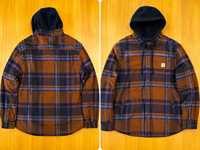 Carhartt Men's XL Relaxed Fit Hooded Plaid Zip Jacket, Point Collar, Brown