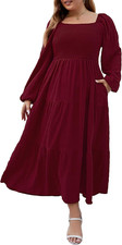 Plus 3X Wine Red Smocked Midi Dress Square Neck Boho Long Sleeve Pocket