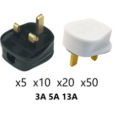PLUG TOP 13A AMP UK 3 PIN FUSED WHITE BLACK PLASTIC MAINS  SOCKET 10 20 50 3A 5A