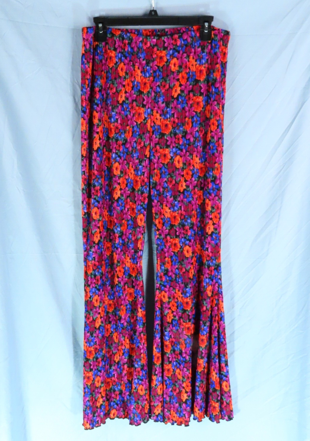 WILD FABLE Silky Crinkle Knit BELL BOTTOMS WIDE LEG PANTS Dark Floral PULL-ON  L