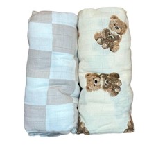 Bamboo/cotton Swaddle Blanket Set in Teddy Bear Dusty Checkered Patterns