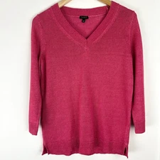 Talbots Women's M Pink 100% Linen V Neck Pullover Sweater, Loose Knit 3/4 sleeve