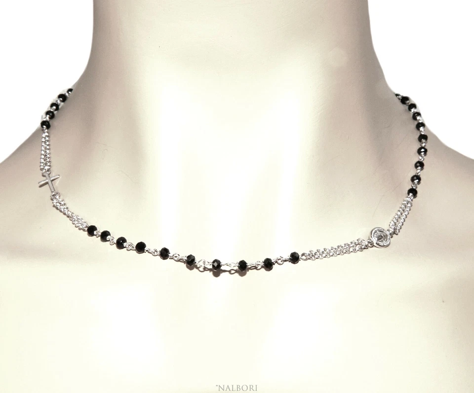 collana argento 925 rosario girocollo nero croce uomo donna Madonna Miracolosa - Immagine 2 di 4