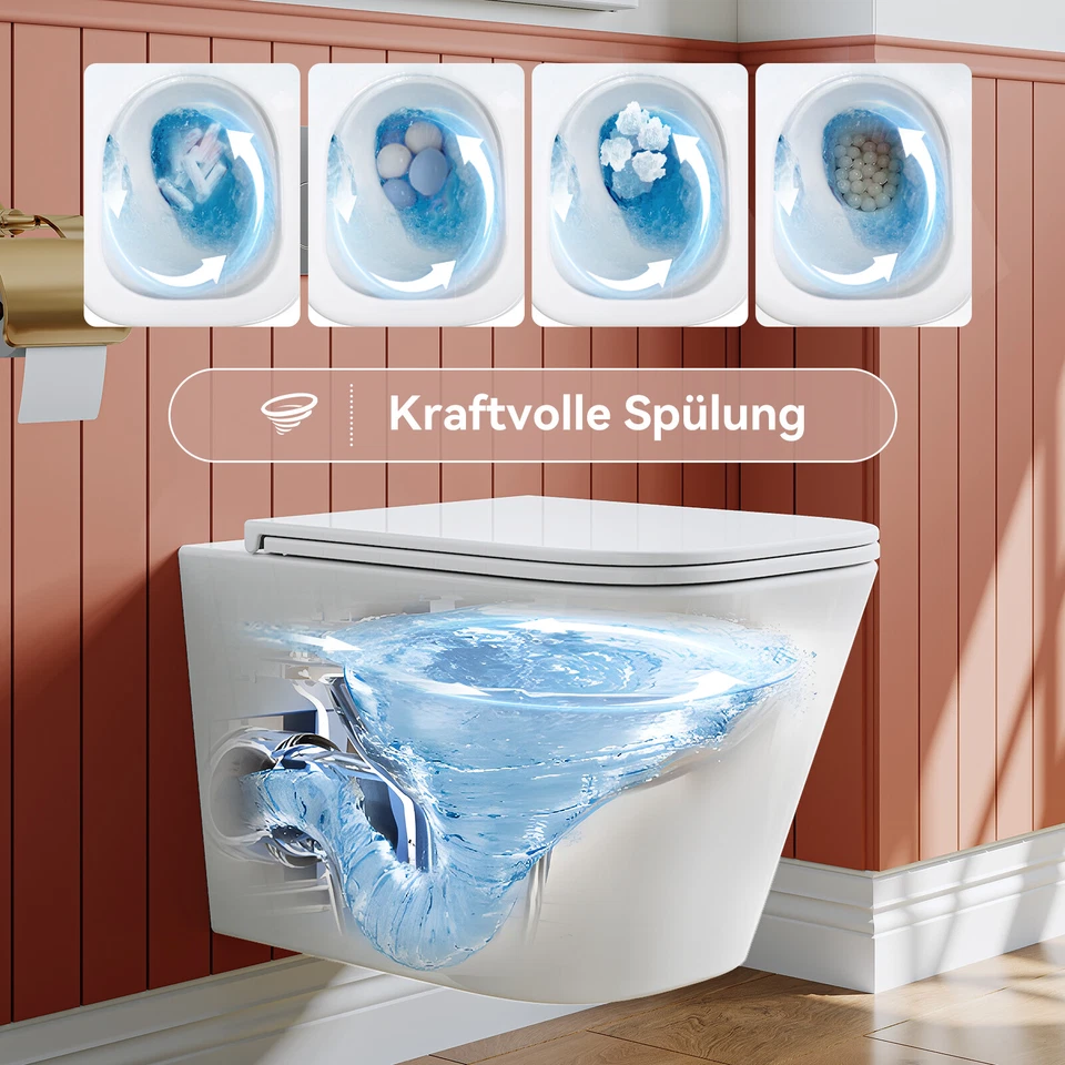 WC angolare senza bordo di risciacquo parete sospeso WC toilette rivestito Softclose coperchio sedile - Immagine 3 di 4